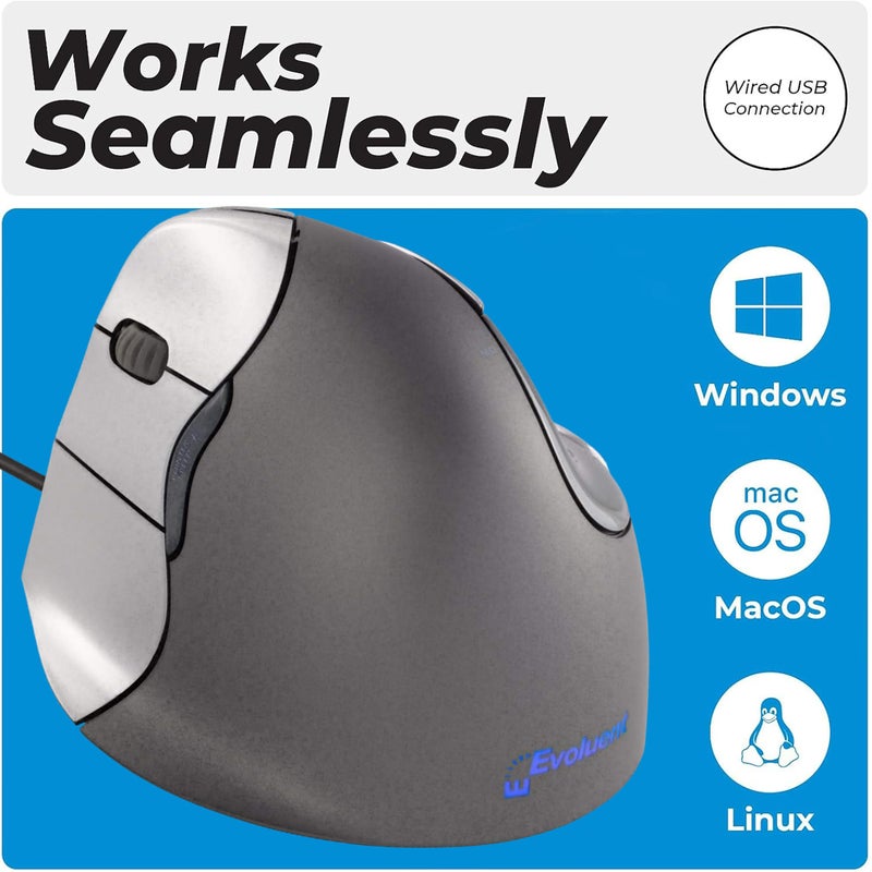 Evoluent â€“ Inventor of The Vertical Mouse â€“ VM4L Ergonomic Vertical Mouse Left Hand Wired USB, Sculpted for Comfort, Reduces Wrist Strain, 4 Speeds, 6 Customizable Buttons in Windows - Image 3